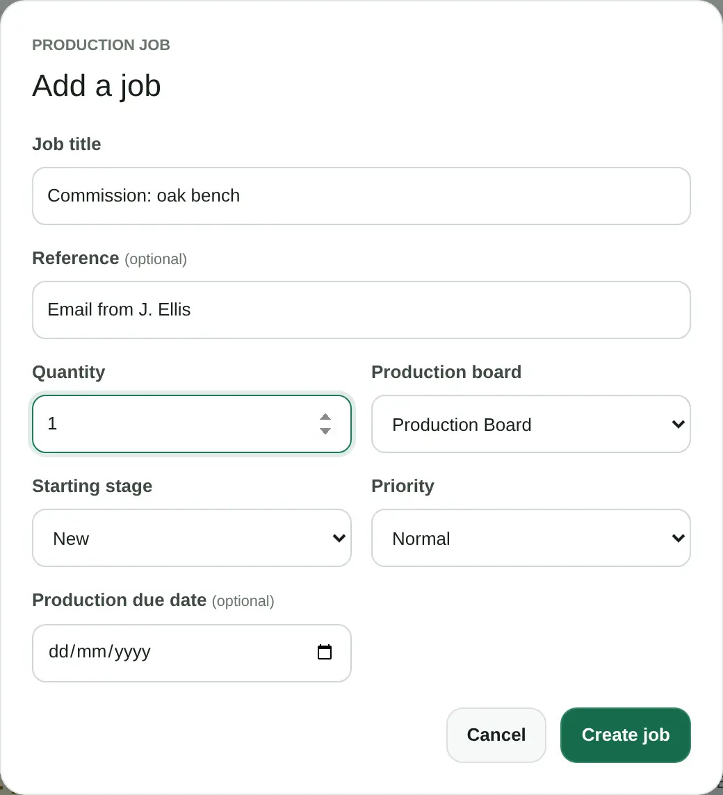 The Add a job form: job title 'Commission: oak bench', reference 'Email from J. Ellis', quantity, board, starting stage, priority and an optional due date.