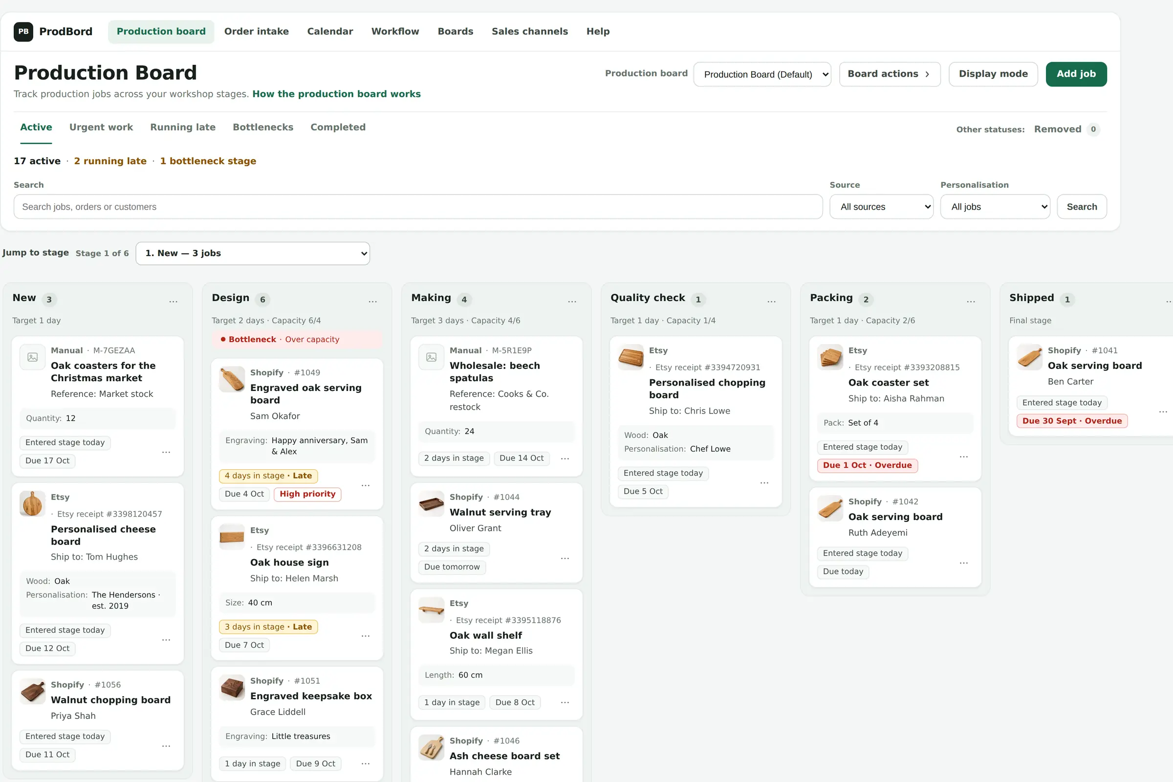 The ProdBord production board with six stages: New, Design, Making, Quality check, Packing and Shipped. Shopify, Etsy and manual jobs sit in the stage they have reached. Design is flagged as a bottleneck.