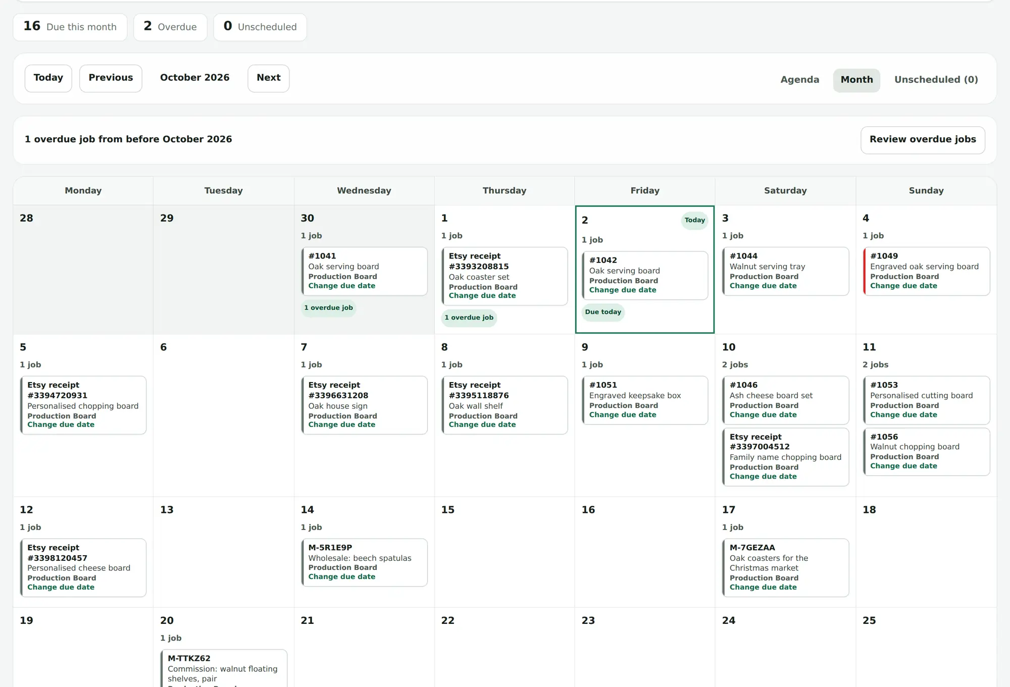 The ProdBord calendar for October 2026: 16 jobs due this month, 2 overdue, 0 unscheduled, with Shopify, Etsy and manual jobs placed on their due dates.