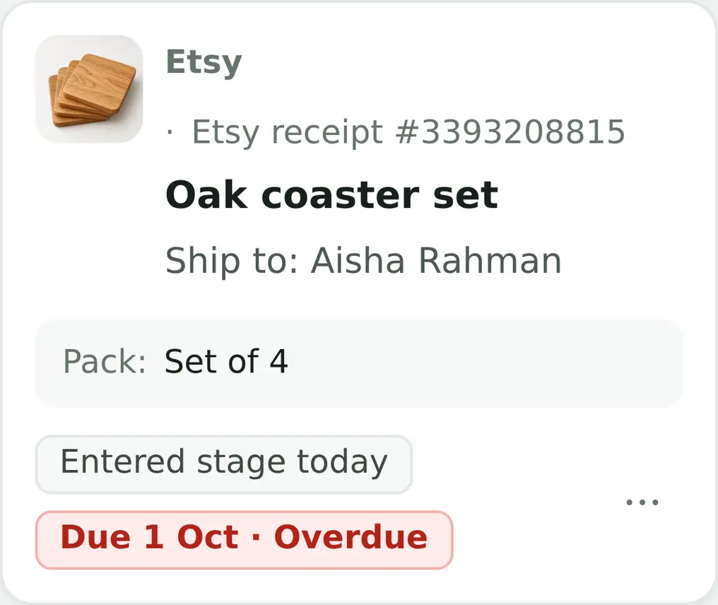 ProdBord job card: Etsy order, oak coaster set of 4 for Aisha Rahman. Due 1 October, overdue.