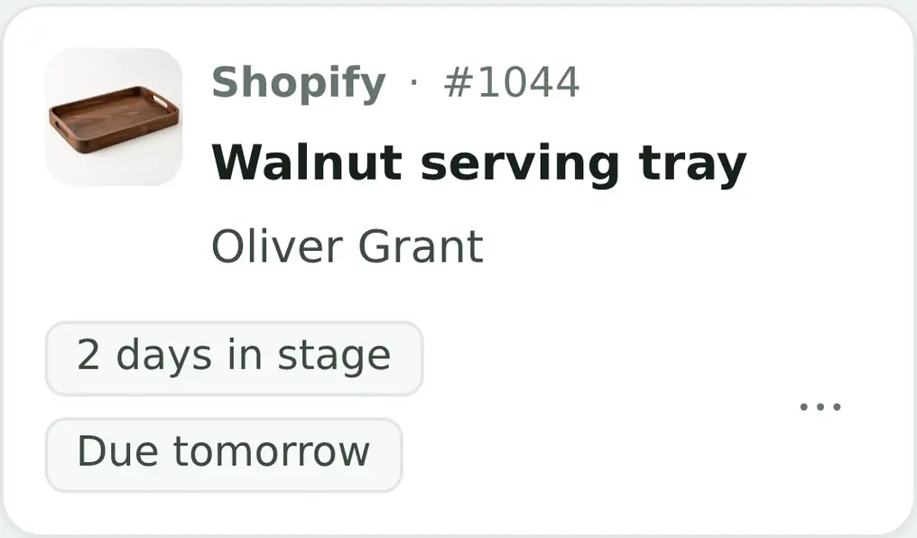 ProdBord job card: Shopify order #1044, walnut serving tray for Oliver Grant. Two days in stage, due tomorrow.