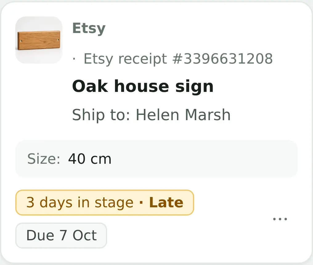 ProdBord job card: Etsy order, oak house sign for Helen Marsh, size 40 cm. Three days in stage, marked late, due 7 October.