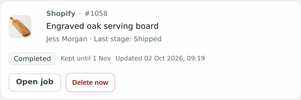 Job #1058 in the Completed list: Completed, kept until 1 November, last stage Shipped.