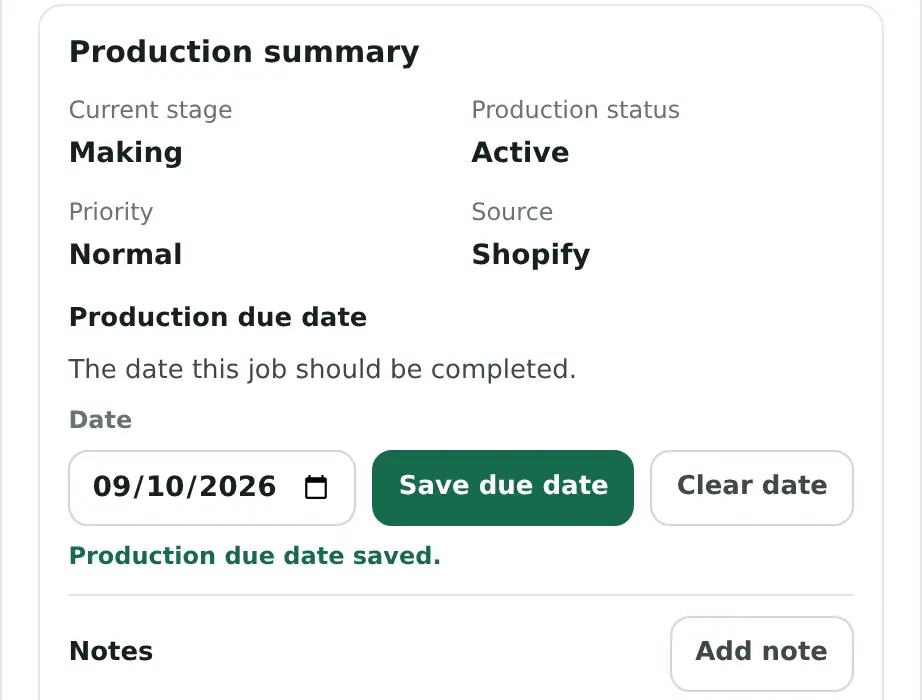 Job details for #1058: current stage Making, production status Active, priority Normal, source Shopify, production due date 9 October 2026, saved.