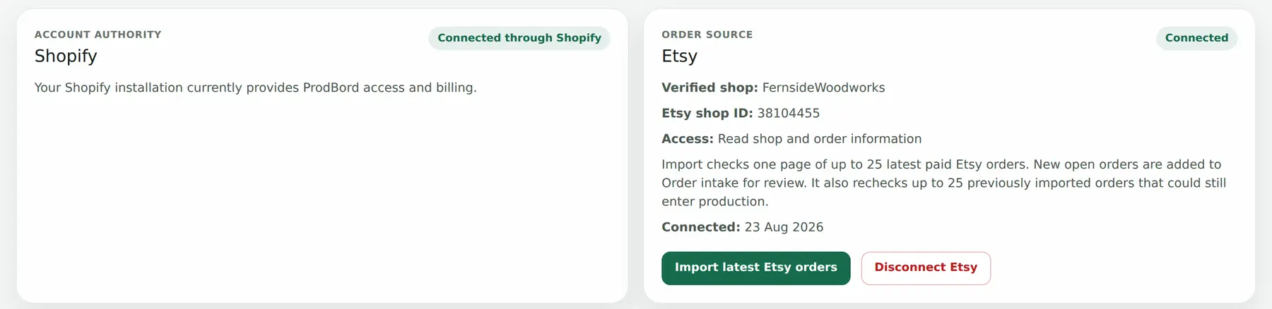 Sales channels: Shopify connected through Shopify, and Etsy connected with the verified shop name, read-only access, and buttons to import the latest orders or disconnect.